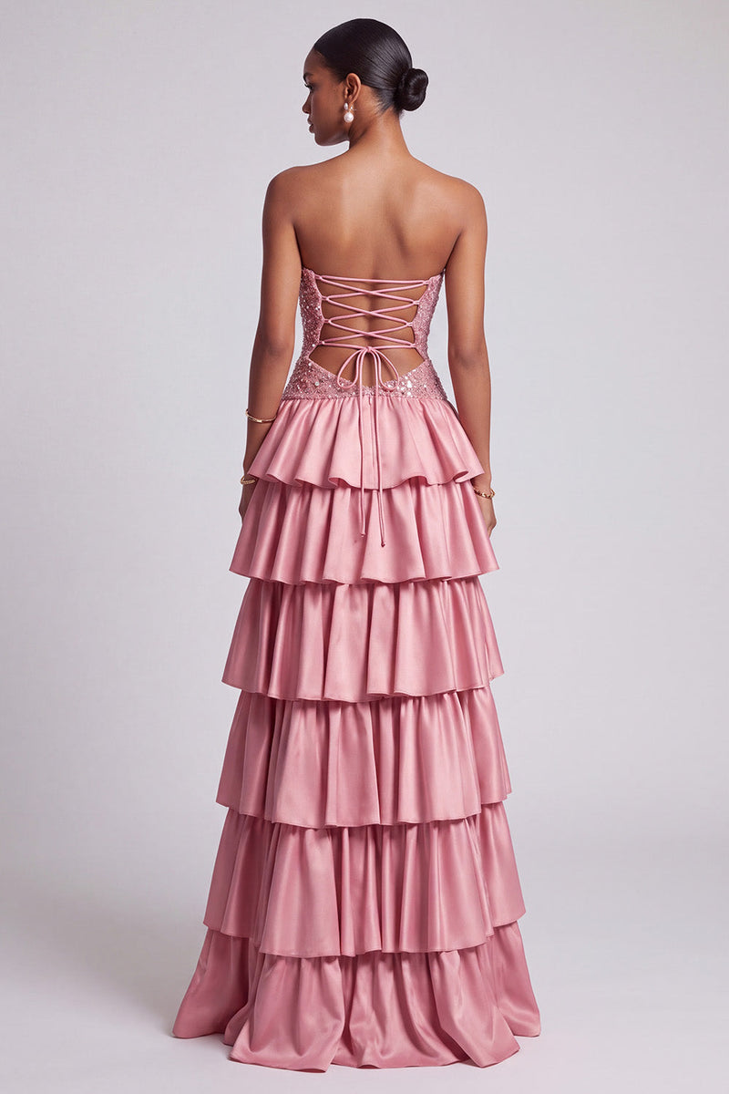 Load image into Gallery viewer, Dusty Rose A Line Sparkly Ruffled Tiered Sweetheart Long Prom Dress with Sequins