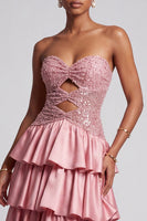Load image into Gallery viewer, Dusty Rose A Line Sparkly Ruffled Tiered Sweetheart Long Prom Dress with Sequins