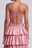 Load image into Gallery viewer, Dusty Rose A Line Sparkly Ruffled Tiered Sweetheart Long Prom Dress with Sequins