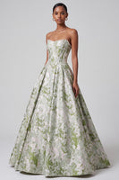 Load image into Gallery viewer, Sage Green Ball Gown Floral Corset Strapless Long Prom Dress with Pearls