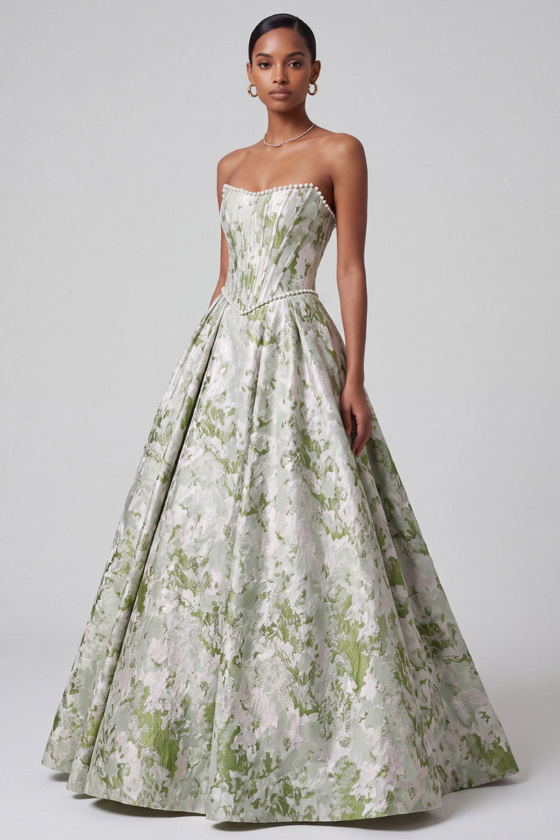 Load image into Gallery viewer, Sage Green Ball Gown Floral Corset Strapless Long Prom Dress with Pearls