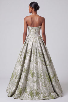 Sage Green Ball Gown Floral Corset Strapless Long Prom Dress with Pearls