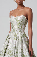 Load image into Gallery viewer, Sage Green Ball Gown Floral Corset Strapless Long Prom Dress with Pearls
