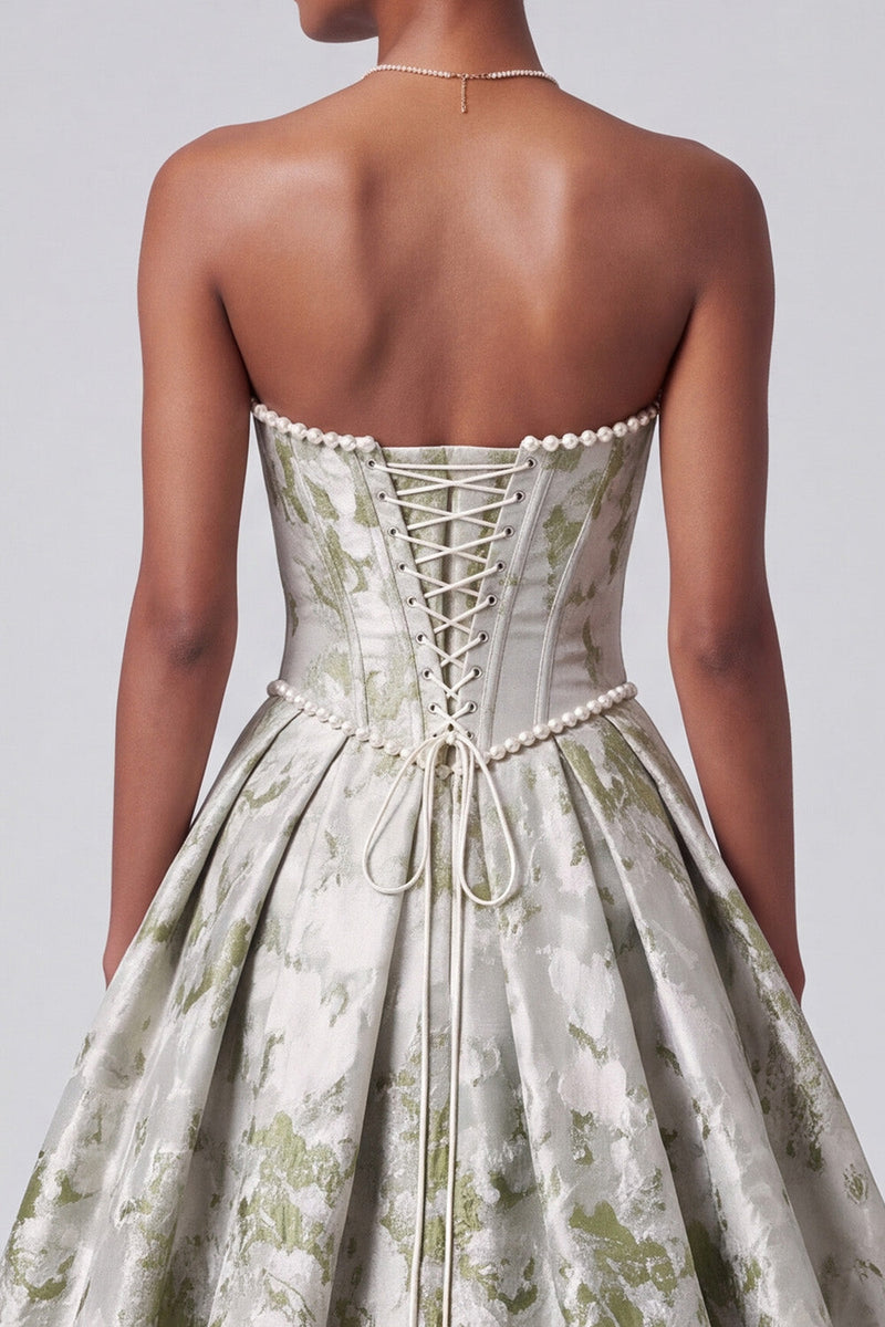 Load image into Gallery viewer, Sage Green Ball Gown Floral Corset Strapless Long Prom Dress with Pearls
