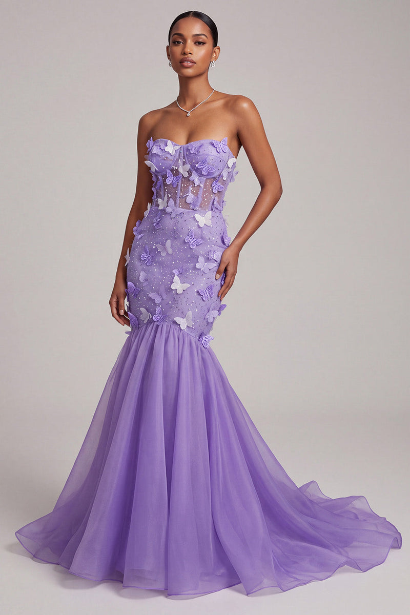 Load image into Gallery viewer, Sparkly Purple Mermaid Corset Sequin Sweetheart Long Prom Dress with 3D Butterflies