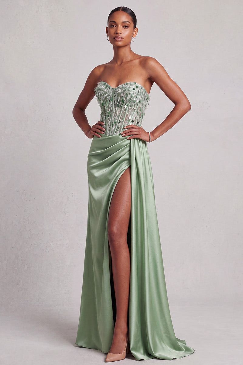 Load image into Gallery viewer, Corset Green Mermaid Sparkly Sequin Ruched Sweetheart Long Prom Dress with Slit