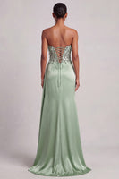Load image into Gallery viewer, Corset Green Mermaid Sparkly Sequin Ruched Sweetheart Long Prom Dress with Slit