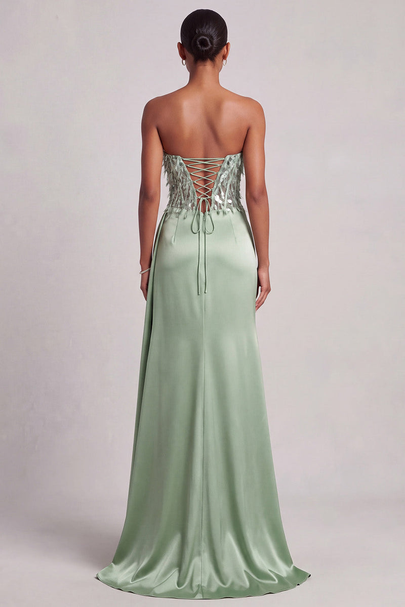 Load image into Gallery viewer, Corset Green Mermaid Sparkly Sequin Ruched Sweetheart Long Prom Dress with Slit