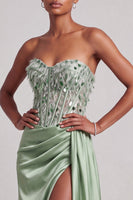 Load image into Gallery viewer, Corset Green Mermaid Sparkly Sequin Ruched Sweetheart Long Prom Dress with Slit
