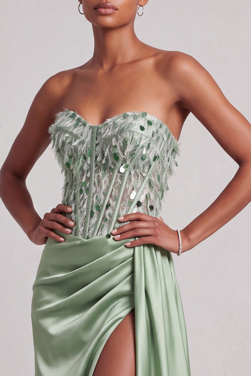 Load image into Gallery viewer, Corset Green Mermaid Sparkly Sequin Ruched Sweetheart Long Prom Dress with Slit