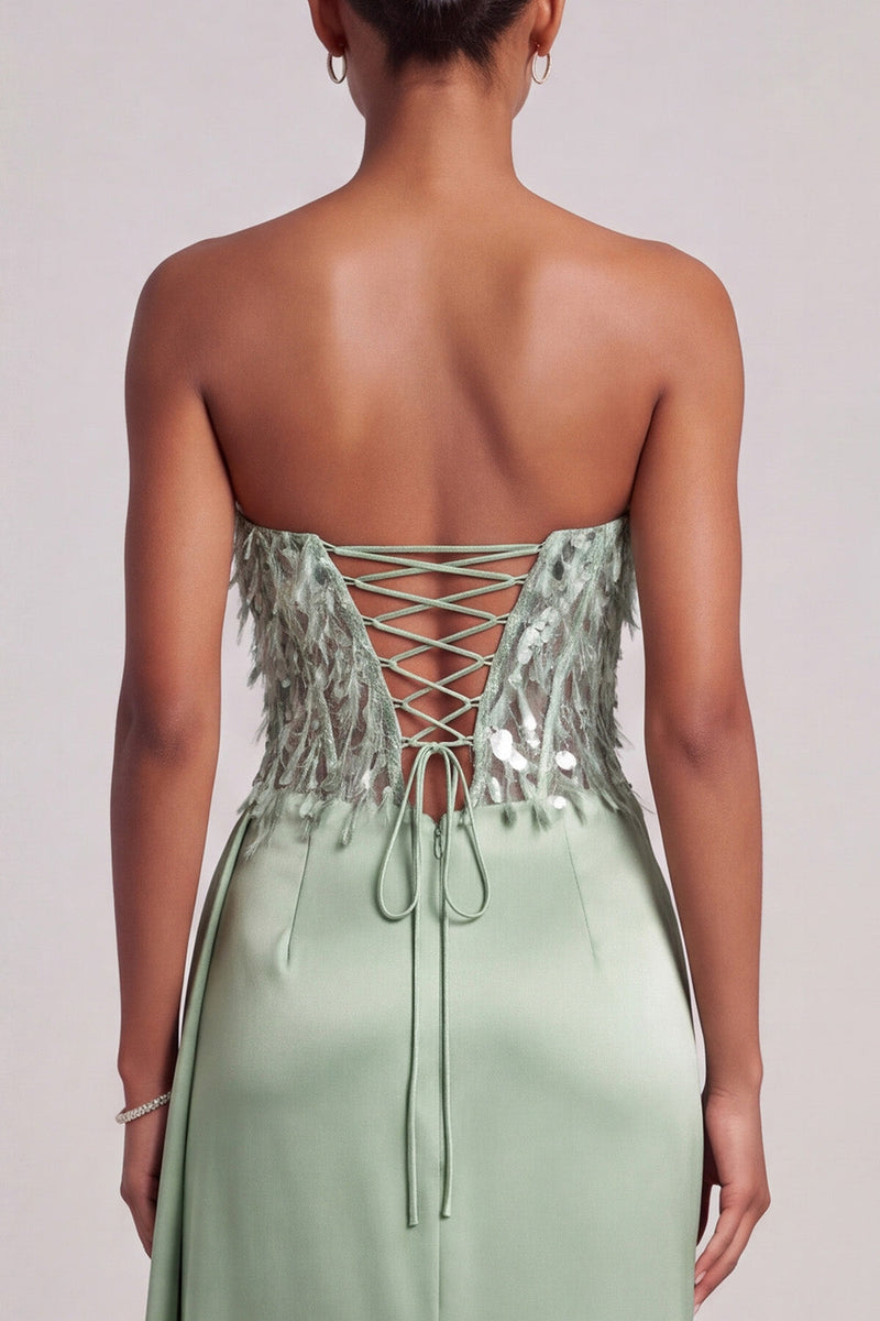 Load image into Gallery viewer, Corset Green Mermaid Sparkly Sequin Ruched Sweetheart Long Prom Dress with Slit