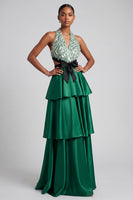 Load image into Gallery viewer, Dark Green A Line Ruffled Tiered Sparkly Sequin Halter Long Prom Dress with Bow