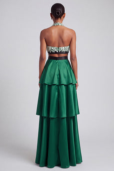 Dark Green A Line Ruffled Tiered Sparkly Sequin Halter Long Prom Dress with Bow