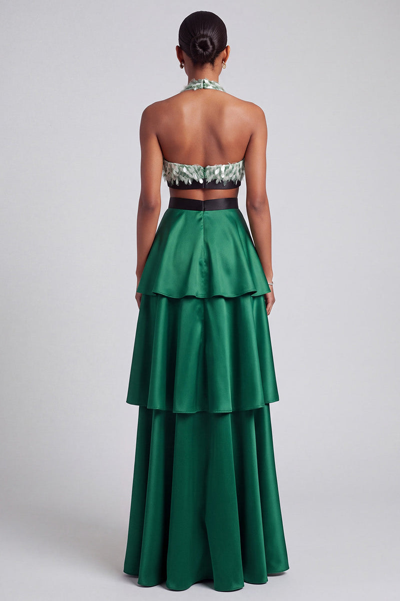 Load image into Gallery viewer, Dark Green A Line Ruffled Tiered Sparkly Sequin Halter Long Prom Dress with Bow
