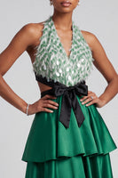 Load image into Gallery viewer, Dark Green A Line Ruffled Tiered Sparkly Sequin Halter Long Prom Dress with Bow