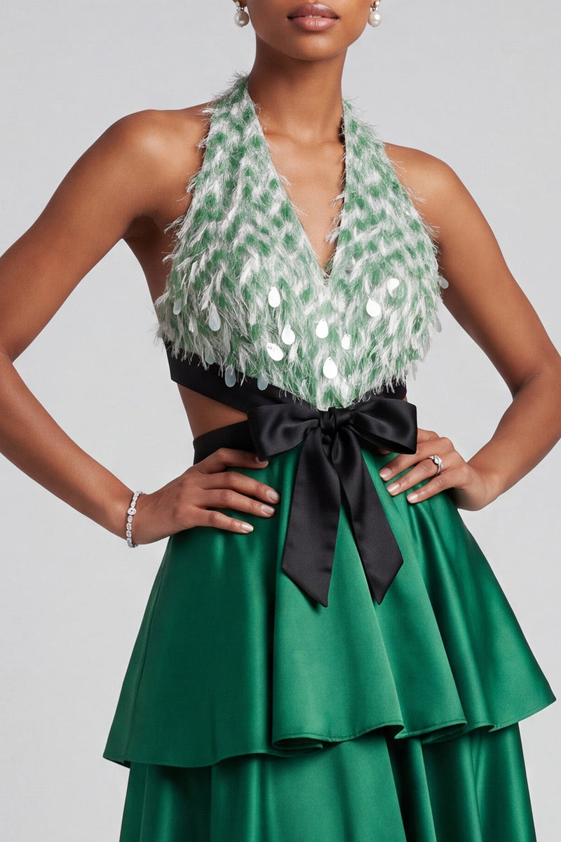 Load image into Gallery viewer, Dark Green A Line Ruffled Tiered Sparkly Sequin Halter Long Prom Dress with Bow