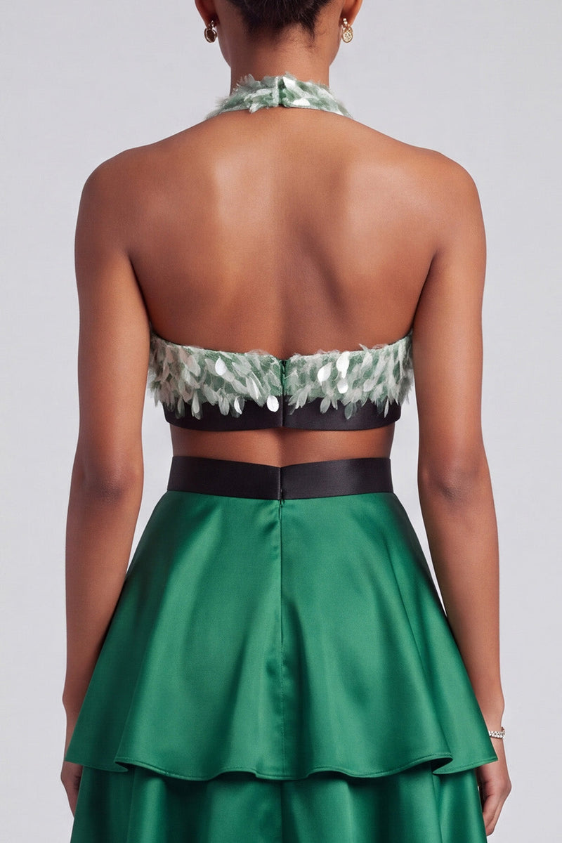Load image into Gallery viewer, Dark Green A Line Ruffled Tiered Sparkly Sequin Halter Long Prom Dress with Bow
