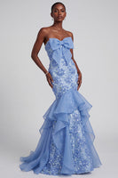Load image into Gallery viewer, Floral Blue Mermaid Ruffled Sparkly Sequin Long Prom Dress with Bow