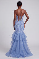 Load image into Gallery viewer, Floral Blue Mermaid Ruffled Sparkly Sequin Long Prom Dress with Bow