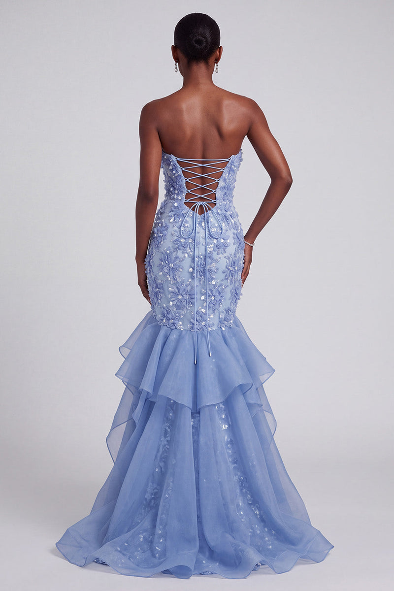 Load image into Gallery viewer, Floral Blue Mermaid Ruffled Sparkly Sequin Long Prom Dress with Bow