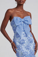 Load image into Gallery viewer, Floral Blue Mermaid Ruffled Sparkly Sequin Long Prom Dress with Bow
