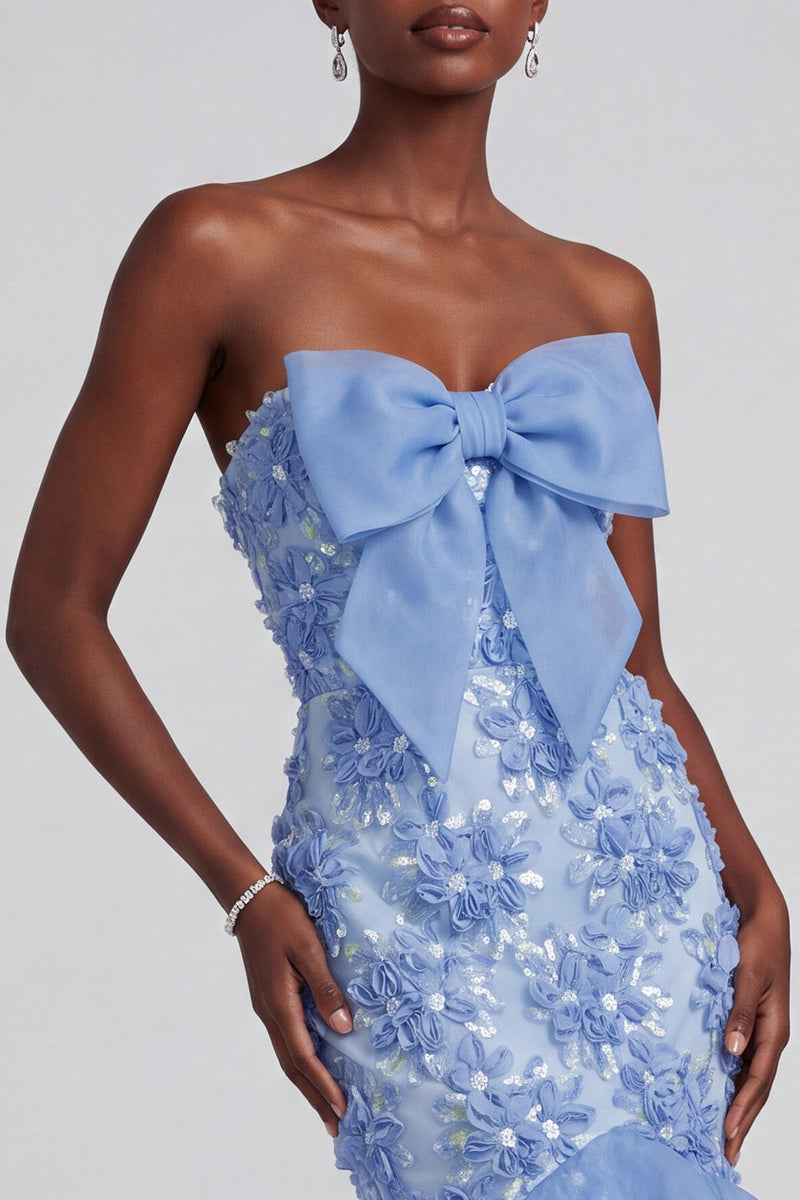 Load image into Gallery viewer, Floral Blue Mermaid Ruffled Sparkly Sequin Long Prom Dress with Bow