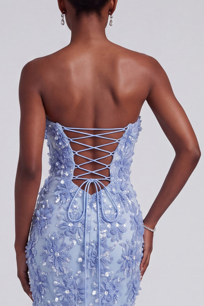 Load image into Gallery viewer, Floral Blue Mermaid Ruffled Sparkly Sequin Long Prom Dress with Bow