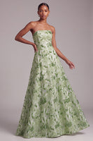Load image into Gallery viewer, Sparkly Sequin Green A Line Floral Strapless Long Prom Dress