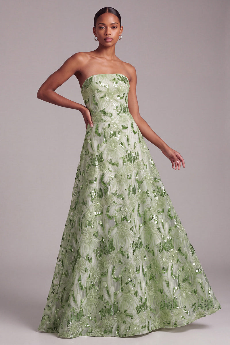 Load image into Gallery viewer, Sparkly Sequin Green A Line Floral Strapless Long Prom Dress