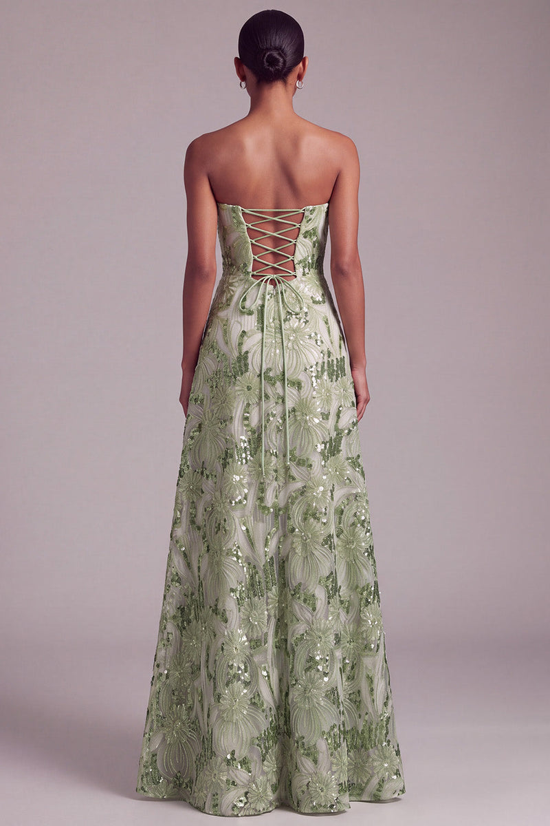 Load image into Gallery viewer, Sparkly Sequin Green A Line Floral Strapless Long Prom Dress