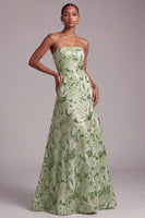 Load image into Gallery viewer, Sparkly Sequin Green A Line Floral Strapless Long Prom Dress