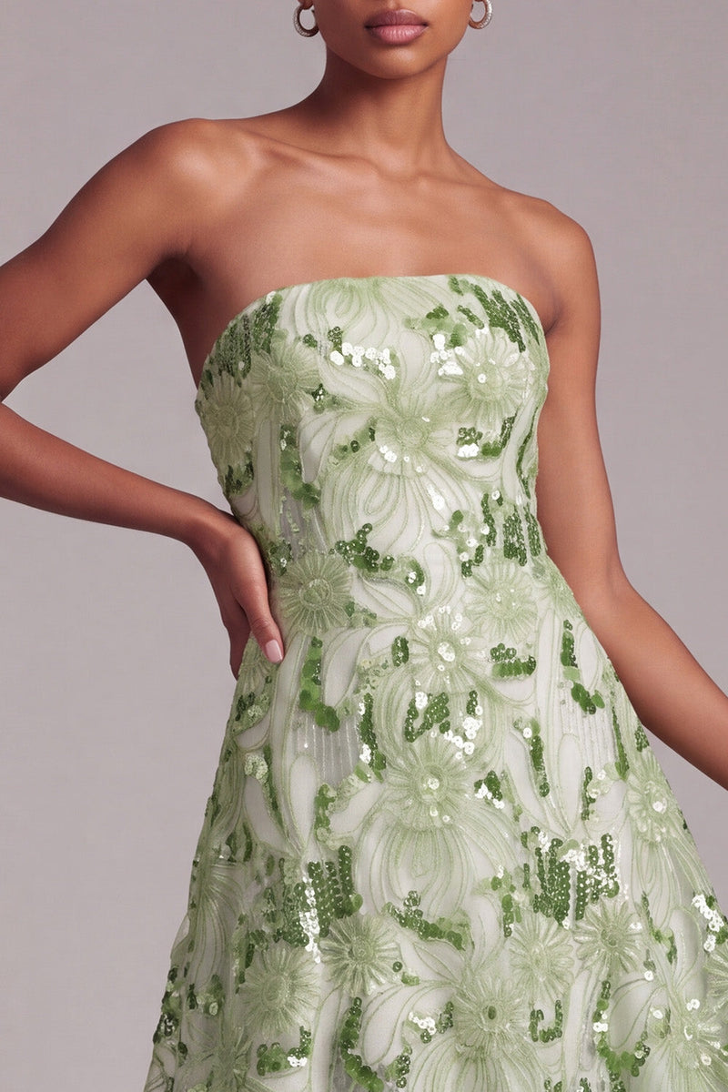 Load image into Gallery viewer, Sparkly Sequin Green A Line Floral Strapless Long Prom Dress