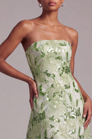 Load image into Gallery viewer, Sparkly Sequin Green A Line Floral Strapless Long Prom Dress