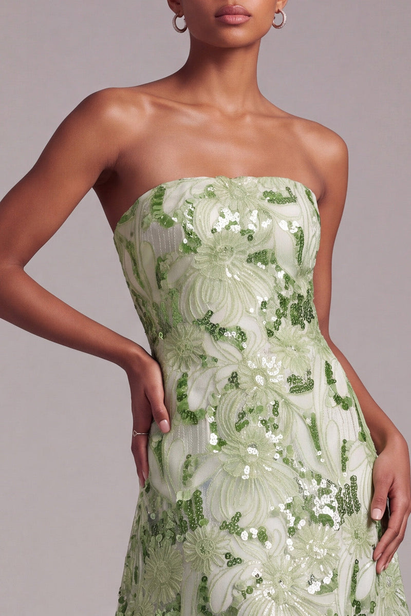 Load image into Gallery viewer, Sparkly Sequin Green A Line Floral Strapless Long Prom Dress
