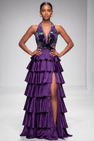 Load image into Gallery viewer, Purple A Line Velvet Tiered Ruffled Halter Cut Out Long Prom Dress with Slit