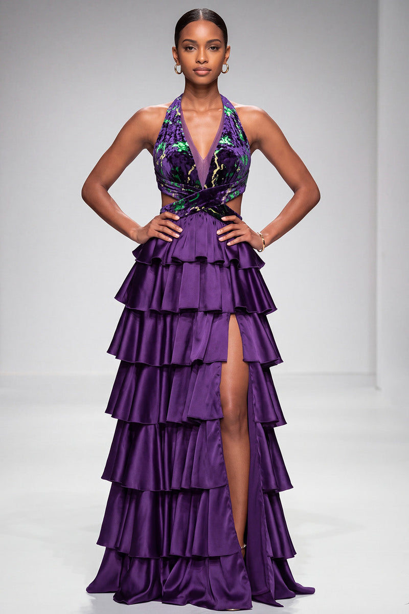 Load image into Gallery viewer, Purple A Line Velvet Tiered Ruffled Halter Cut Out Long Prom Dress with Slit