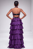 Load image into Gallery viewer, Purple A Line Velvet Tiered Ruffled Halter Cut Out Long Prom Dress with Slit
