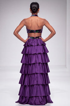 Purple A Line Velvet Tiered Ruffled Halter Cut Out Long Prom Dress with Slit