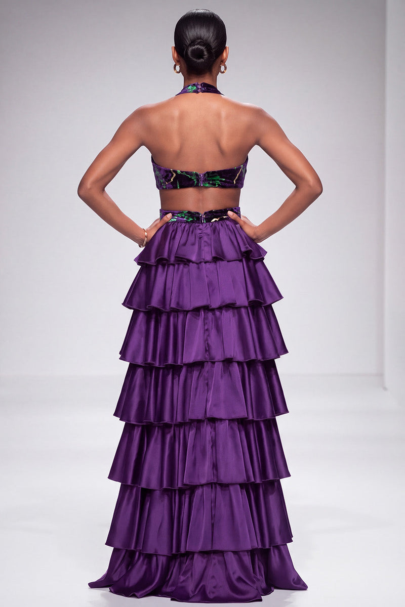 Load image into Gallery viewer, Purple A Line Velvet Tiered Ruffled Halter Cut Out Long Prom Dress with Slit