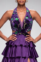 Load image into Gallery viewer, Purple A Line Velvet Tiered Ruffled Halter Cut Out Long Prom Dress with Slit