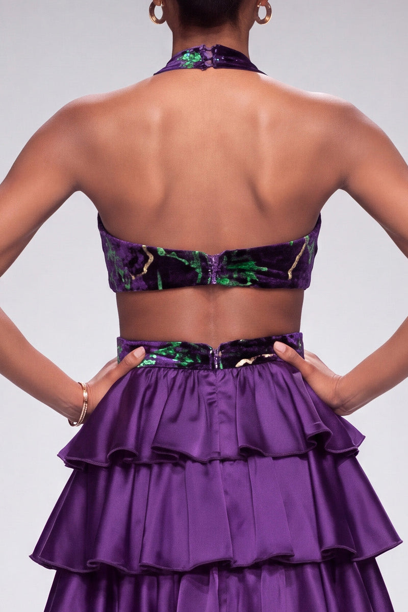 Load image into Gallery viewer, Purple A Line Velvet Tiered Ruffled Halter Cut Out Long Prom Dress with Slit