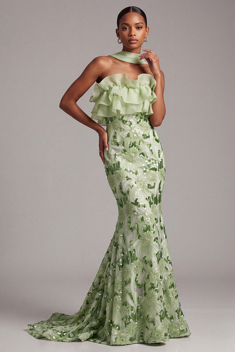Load image into Gallery viewer, Floral Green Mermaid Ruffled Tiered Sparkly Sequin Long Prom Dress with Neck Scarf