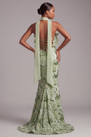 Load image into Gallery viewer, Floral Green Mermaid Ruffled Tiered Sparkly Sequin Long Prom Dress with Neck Scarf