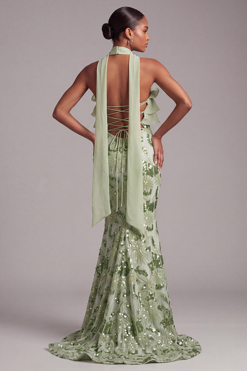 Load image into Gallery viewer, Floral Green Mermaid Ruffled Tiered Sparkly Sequin Long Prom Dress with Neck Scarf