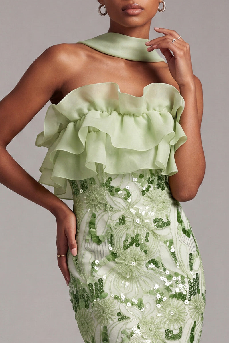 Load image into Gallery viewer, Floral Green Mermaid Ruffled Tiered Sparkly Sequin Long Prom Dress with Neck Scarf