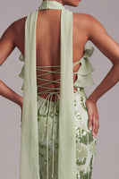 Load image into Gallery viewer, Floral Green Mermaid Ruffled Tiered Sparkly Sequin Long Prom Dress with Neck Scarf