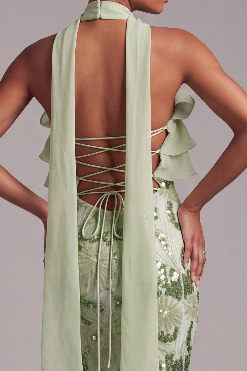 Load image into Gallery viewer, Floral Green Mermaid Ruffled Tiered Sparkly Sequin Long Prom Dress with Neck Scarf