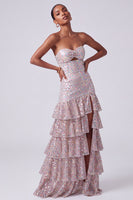 Load image into Gallery viewer, Sparkly Blush Sheath Ruffled Tiered Sequin Sweetheart Keyhole Long Prom Dress with Slit