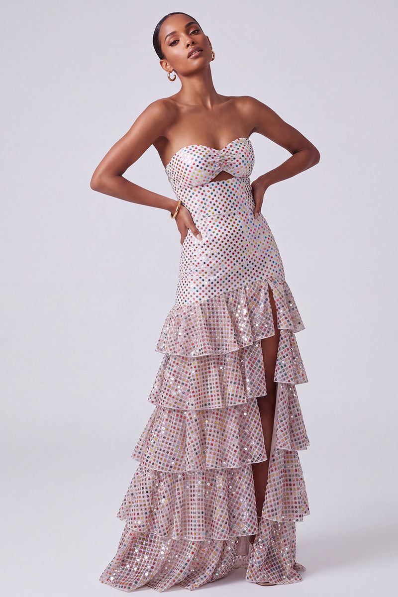 Load image into Gallery viewer, Sparkly Blush Sheath Ruffled Tiered Sequin Sweetheart Keyhole Long Prom Dress with Slit