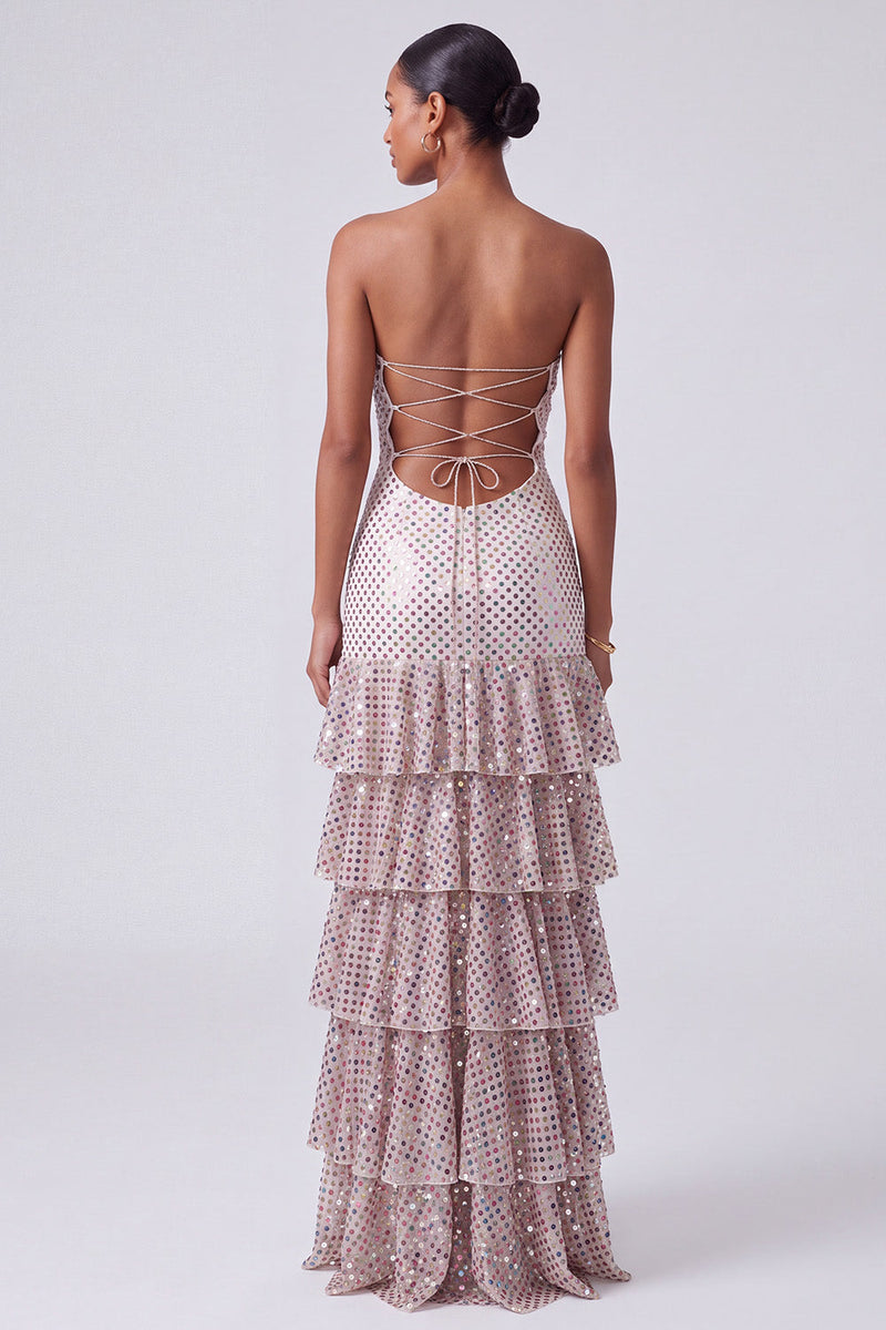 Load image into Gallery viewer, Sparkly Blush Sheath Ruffled Tiered Sequin Sweetheart Keyhole Long Prom Dress with Slit